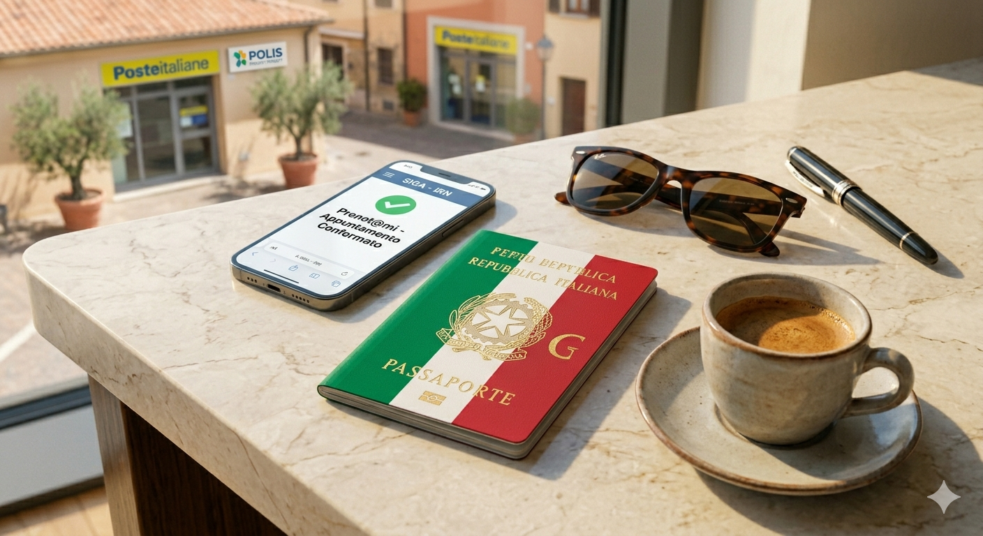 A vibrant green, white, and red Italian biometric passport with the 'Stellone' emblem, resting on a rustic wooden table next to a glass of espresso and a smartphone with a 'Prenot@mi' confirmation