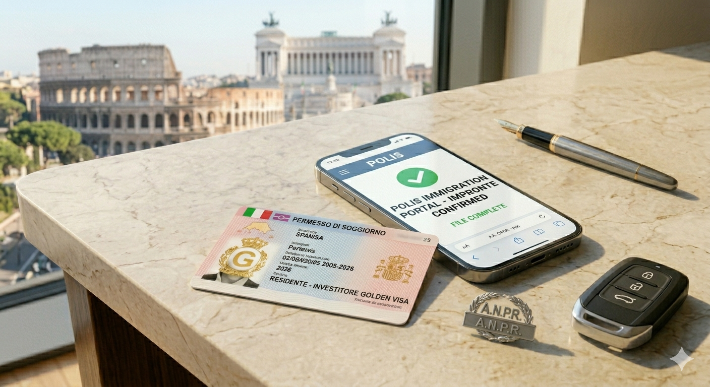 A sleek, modern Italian biometric 'Permesso di Soggiorno' card resting on a weathered marble surface next to a ceramic espresso cup and a smartphone with an 'Impronte Appointment Confirmed' notification.