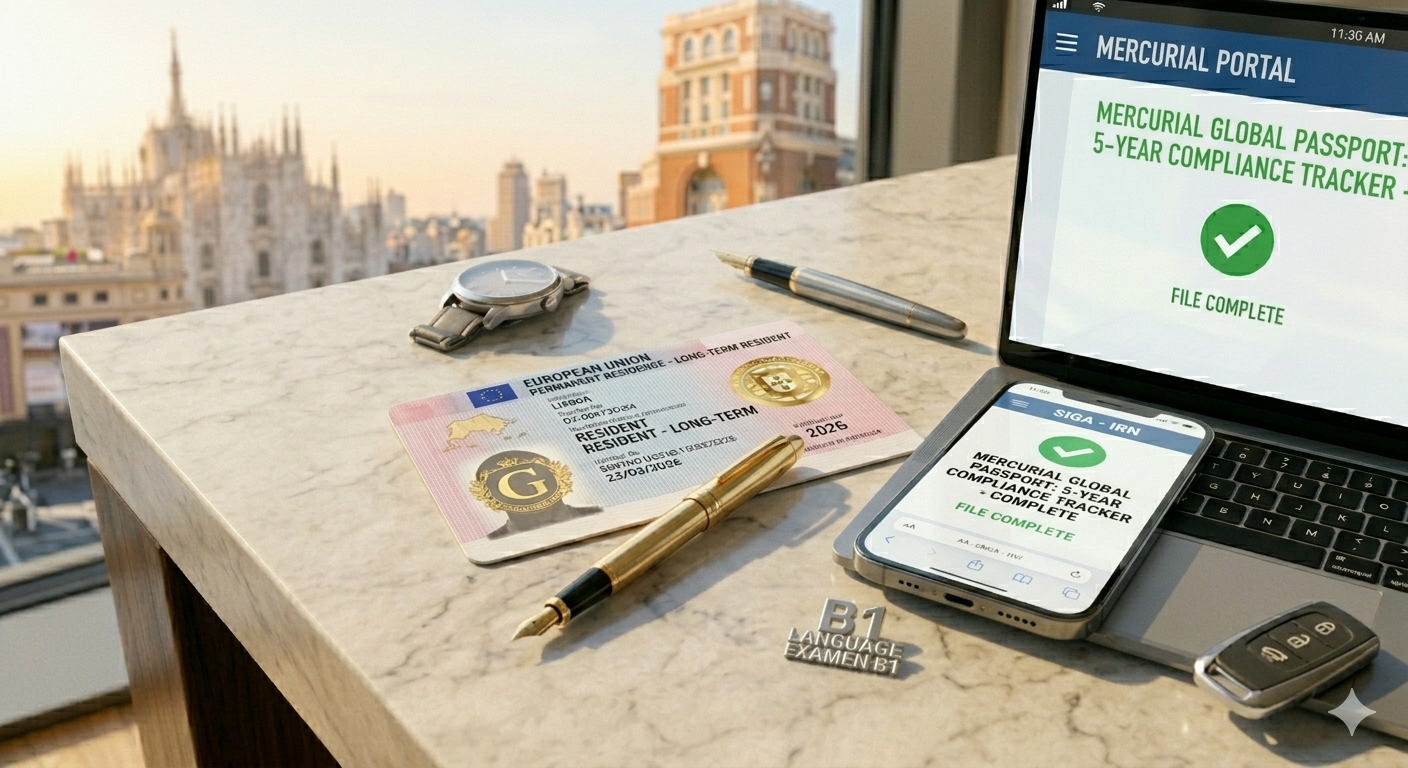 A sleek, modern EU TIE (Permanent Resident) card resting on a light grey marble surface next to a smartphone showing a '5-Year Clock - Complete' tracker and a view of the Milan Duomo.
