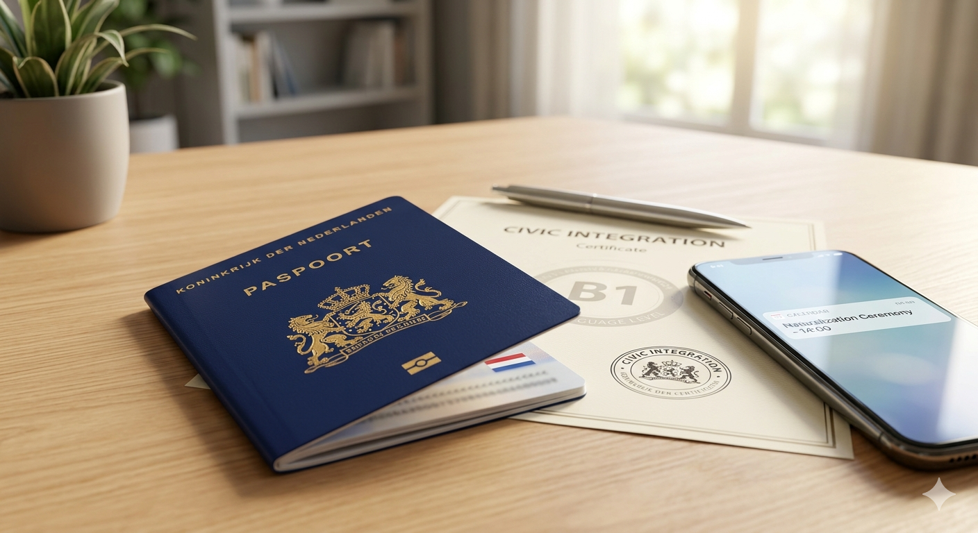 A dark blue Dutch passport with the gold Coat of Arms lying on a table next to a Dutch integration diploma and a laptop.
