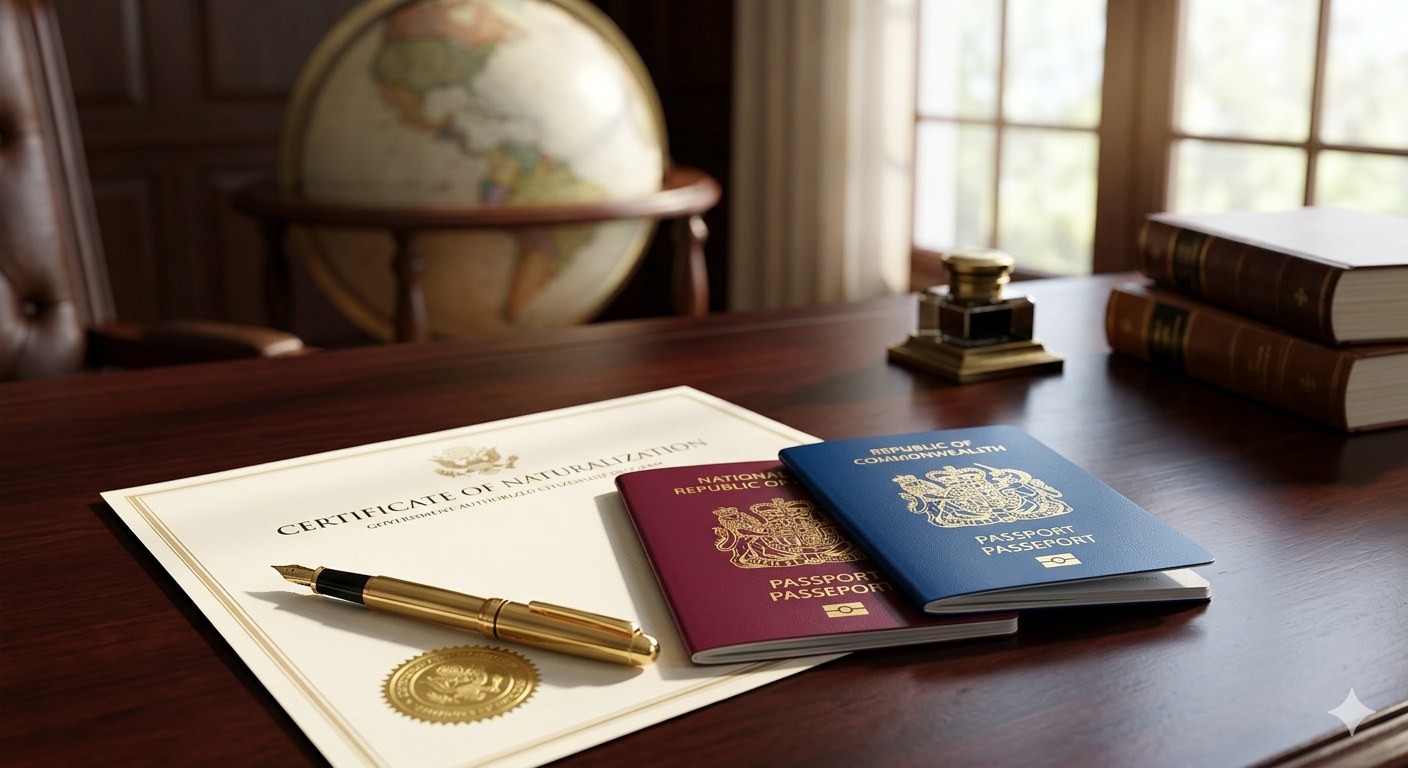 A formal arrangement of a legal naturalization certificate, a biometric passport, and a gold pen on a high-end office desk.