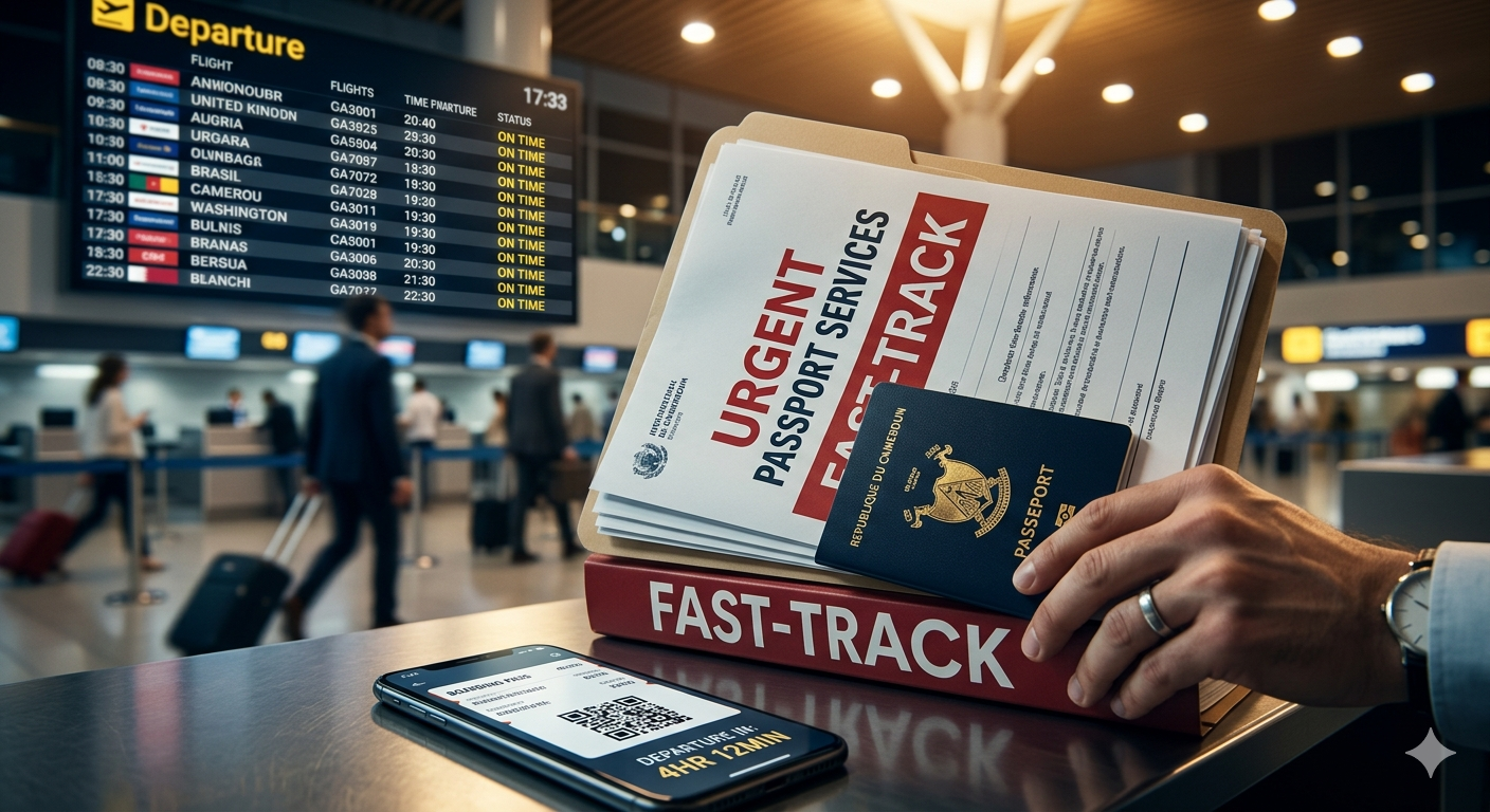 A close-up of a "Fast Track" passport application folder sitting on an airport check-in counter next to a digital boarding pass.