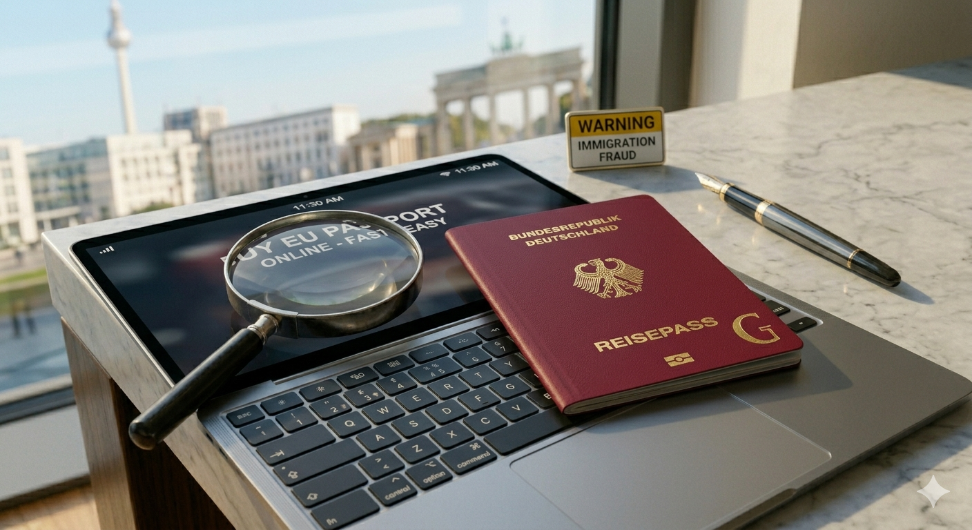 A dark, high-contrast image of a laptop screen showing a 'Passport for Sale' scam ad, contrasted against a physical, official German biometric passport and a 'Warning' sign.