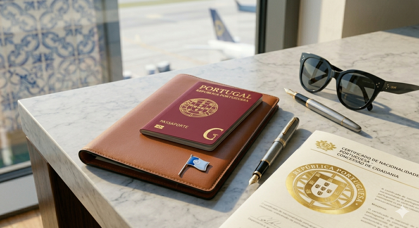 A luxury leather travel wallet holding a deep red Portuguese passport and a gold 'Citizenship Certificate', set against a blurred background of a global map.