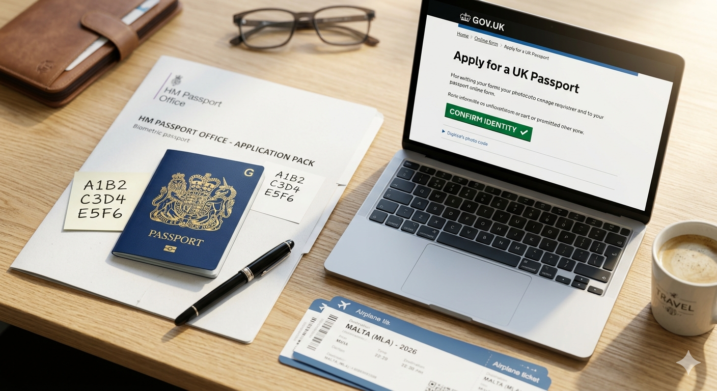 A person holding a new blue British biometric passport while looking at a laptop screen displaying the official GOV.UK passport renewal page.