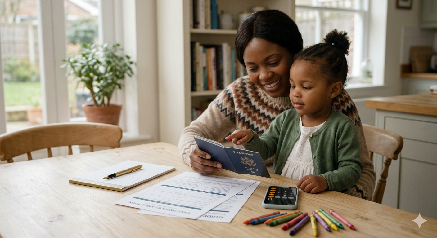 A mother helping her young child look at a new biometric passport, with application forms and a pen on a table.