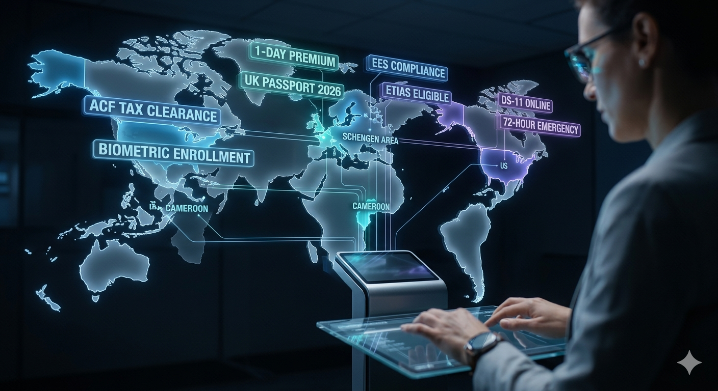 A glowing digital world map with floating keywords like "ACF," "EES," "Biometric," and "Fast-Track" highlighting different global regions.