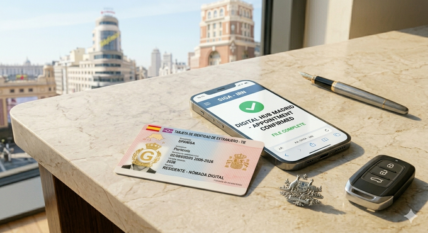 A sleek, modern Spanish TIE (Tarjeta de Identidad de Extranjero) card resting on a white desk next to a smartphone showing a 'Digital HUB' confirmed appointment in Barcelona, with a view of the Sagrada Família.