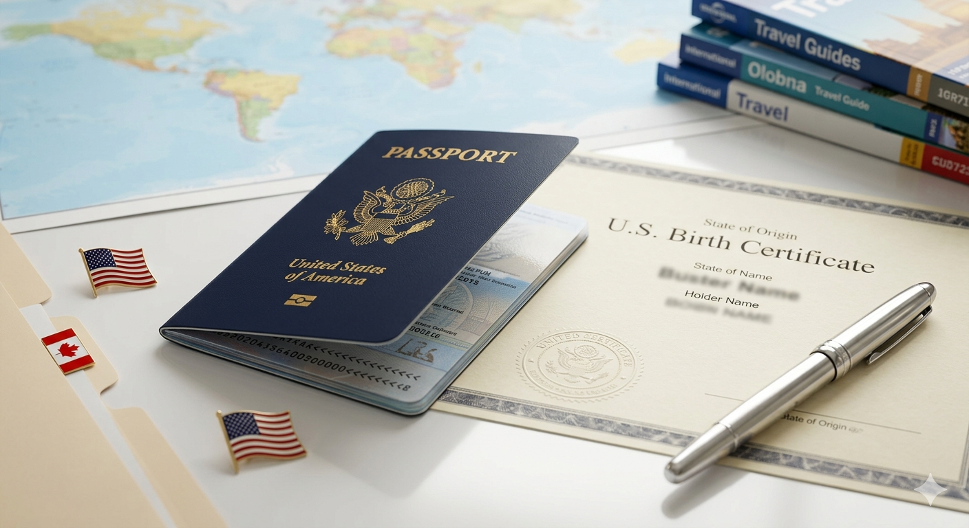 A new US "Next Generation" passport with the polycarbonate data page visible, sitting on a desk with a birth certificate and a US flag.