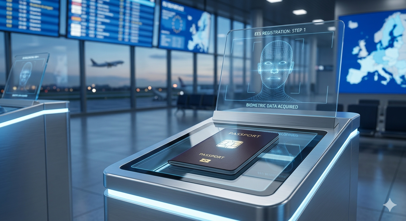A traveler scanning their biometric passport at an automated EU border kiosk (e-gate) with a facial recognition screen active.