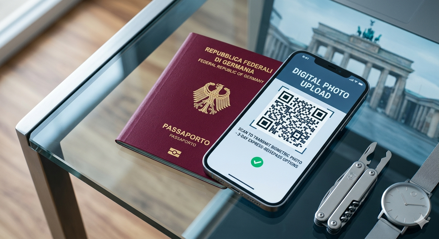 A candid, high-quality photograph from a slightly elevated angle. A deep burgundy German biometric passport with its gold imperial eagle (Bundesadler) rests on a clean, modern glass desk, right next to a smartphone displaying a prominent "Digital Photo Upload" QR code, emphasizing the 2026 digital photo mandate.