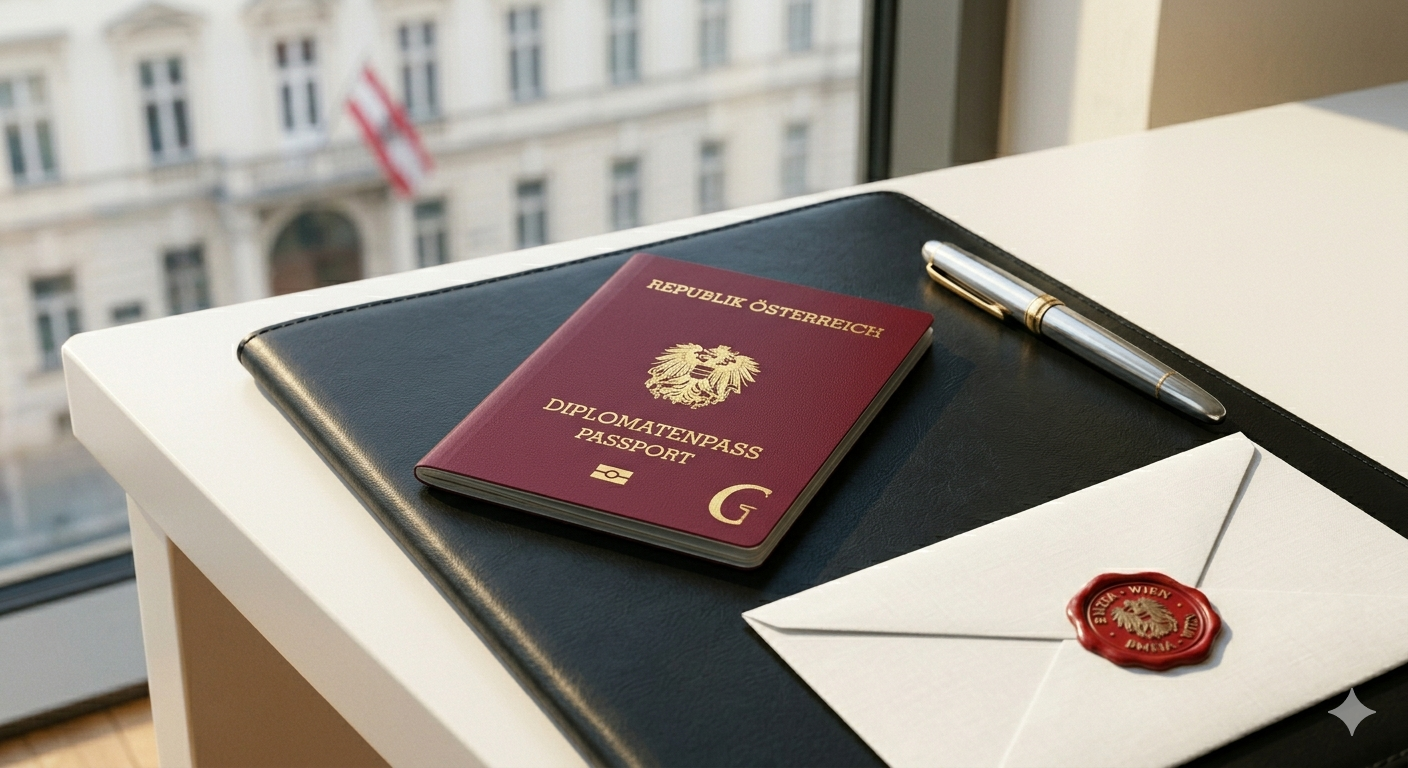 A sleek, high-security Austrian Diplomatic Passport with 'Diplomatenpass' in gold, resting on a leather portfolio next to a high-end pen and a silver 'Republik Österreich' seal.
