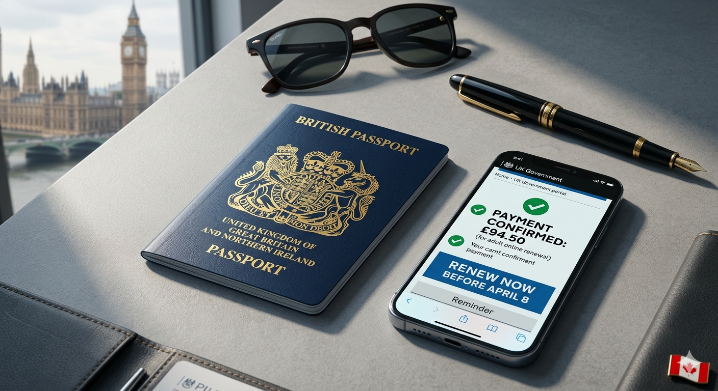 A new blue British biometric passport resting on a digital tablet showing the GOV.UK renewal portal, with a "Renew Before April 8" reminder