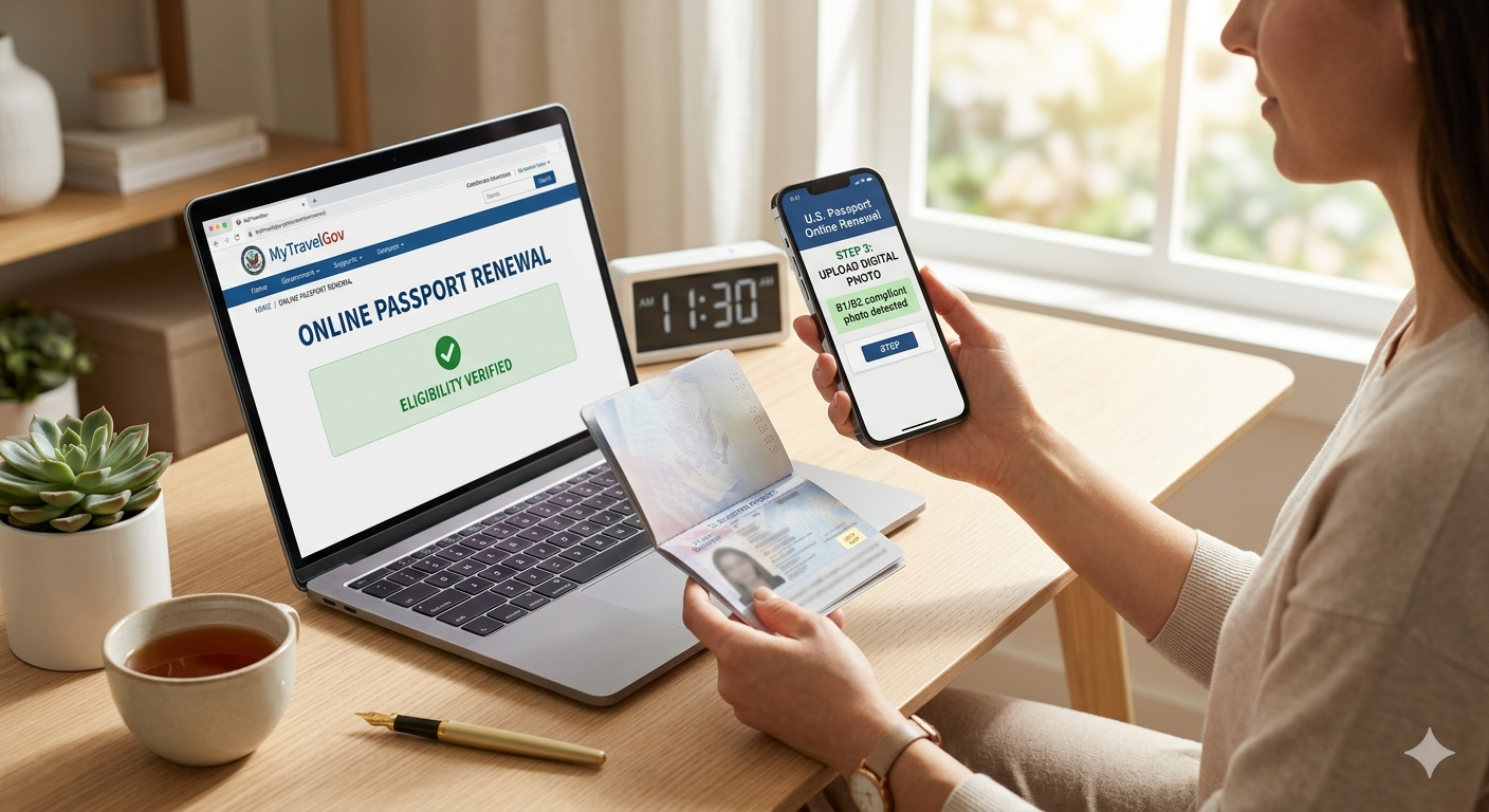 A person holding a smartphone and a blue U.S. passport, with a laptop in the background showing the official "MyTravelGov" login page.