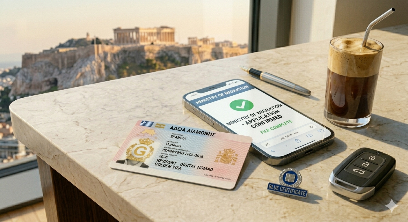 A sleek, modern Greek 'Άδεια Διαμονής' (Residence Permit) card resting on a white marble table next to an iced frappé and a smartphone showing a 'Visa Approved' message with a view of the Acropolis.