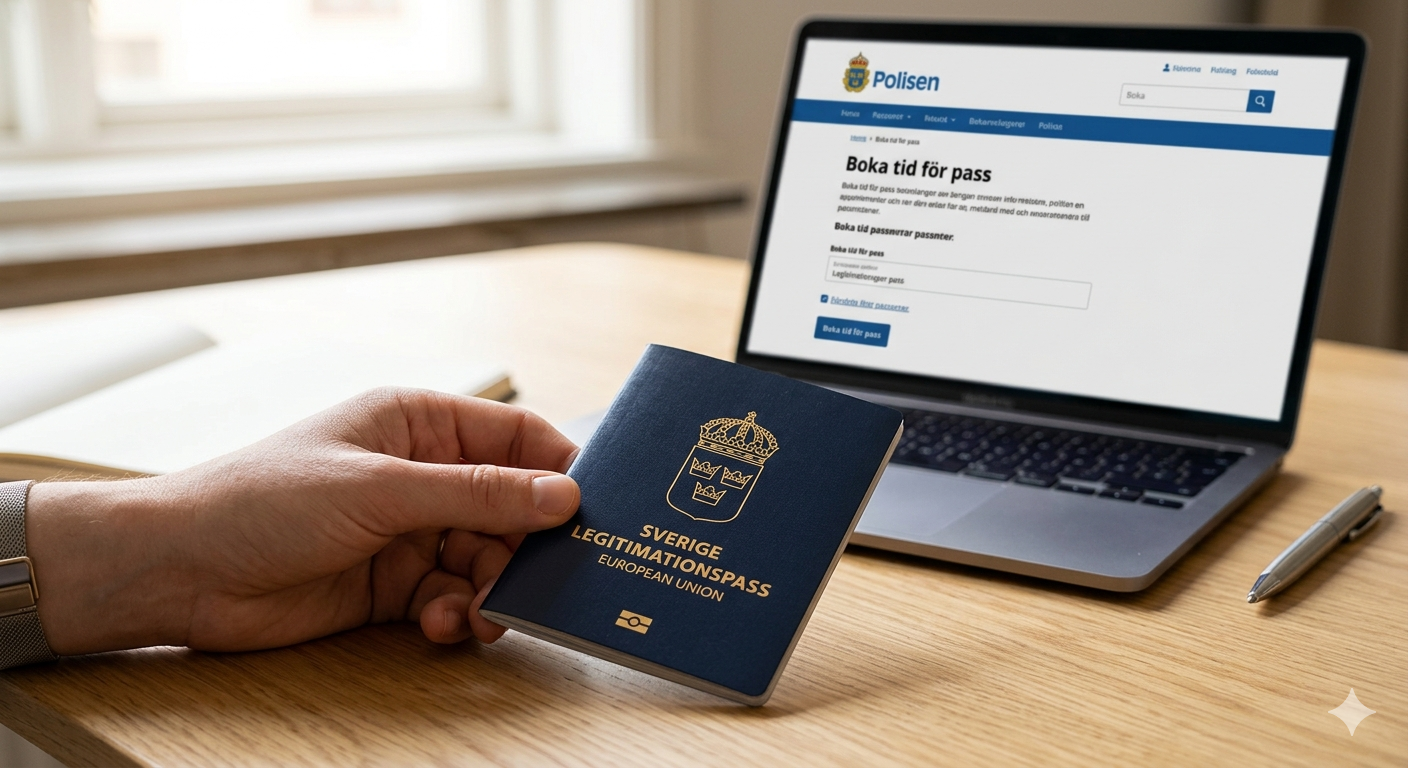A person holding a biometric Swedish passport over a wooden desk with an open laptop showing the Polisen booking website.