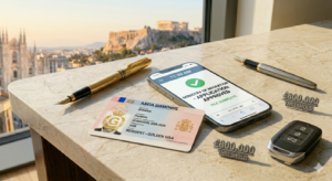 A 5-year Greek residence permit card on a marble desk next to a Greek coffee and a view of the Parthenon in the background.