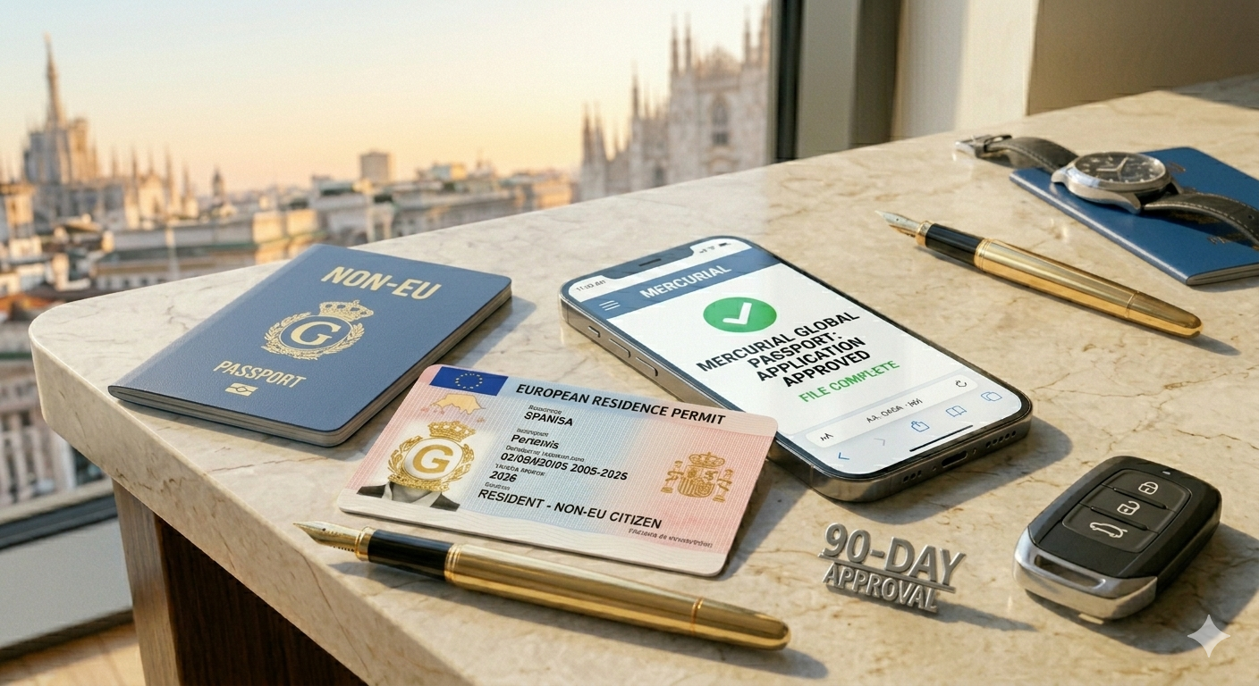 A non-EU citizen's passport and a biometric EU residence permit card lying on a clean marble desk next to a tablet showing a 2026 EU immigration law update.