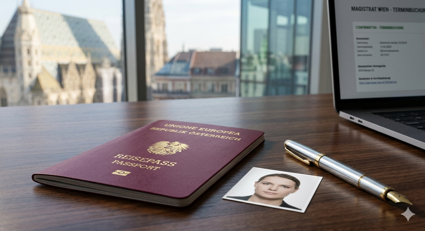 A genuine burgundy Austrian biometric passport with the gold eagle crest sitting on a modern glass desk with an official application form.