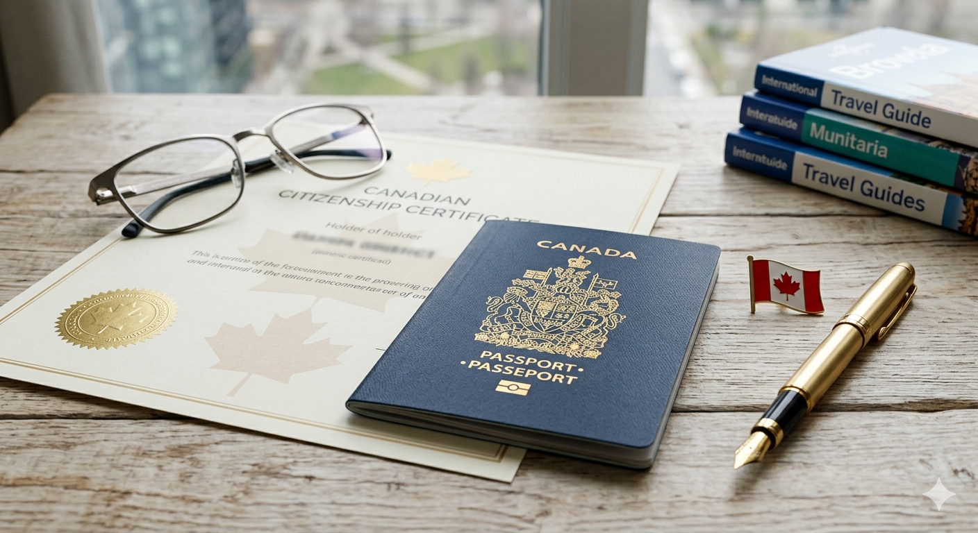 A Canadian passport with the iconic maple leaf sitting on a flight itinerary and a Canadian citizenship certificate