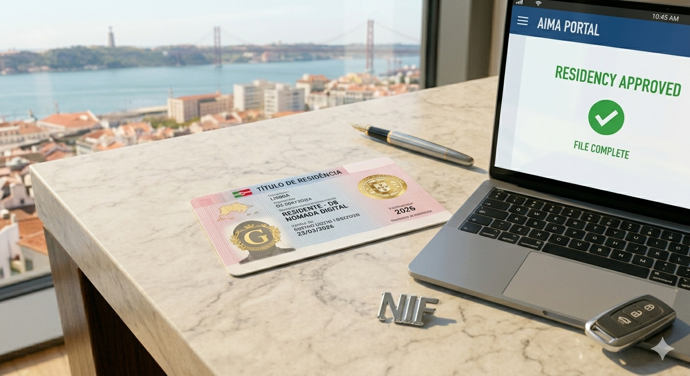 A sleek, modern Portuguese 'Título de Residência' card resting on a light oak desk next to a laptop showing the AIMA portal and a fresh cup of coffee with a view of a Lisbon street.