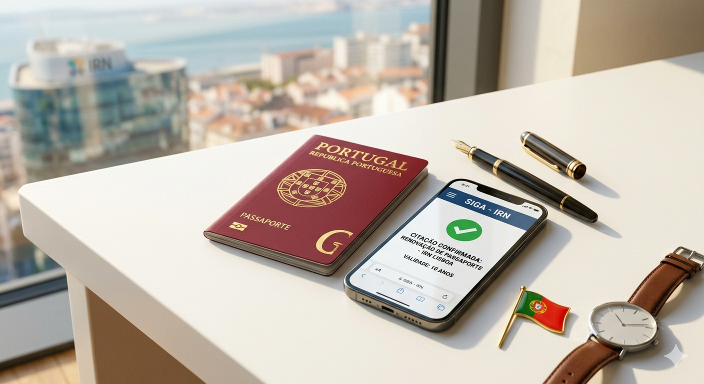 A deep red Portuguese biometric passport with the "Escudo" crest, resting on a table next to a smartphone showing a SIGA appointment confirmation in Lisbon.