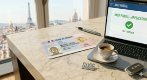 A sleek Dutch 'Verblijfsvergunning' residence permit card resting on a wooden desk next to a stroopwafel and a laptop showing the IND 'Mijn IND' portal with a view of an Amsterdam canal.